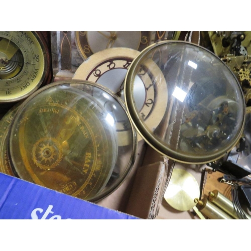 183 - Two trays of clocks, barometers and related spares etc plus scientific items