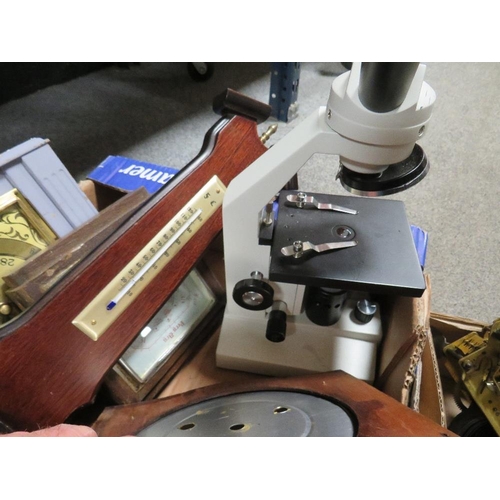 183 - Two trays of clocks, barometers and related spares etc plus scientific items