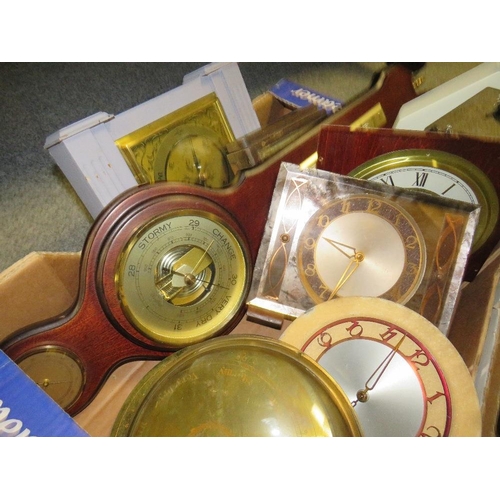 183 - Two trays of clocks, barometers and related spares etc plus scientific items