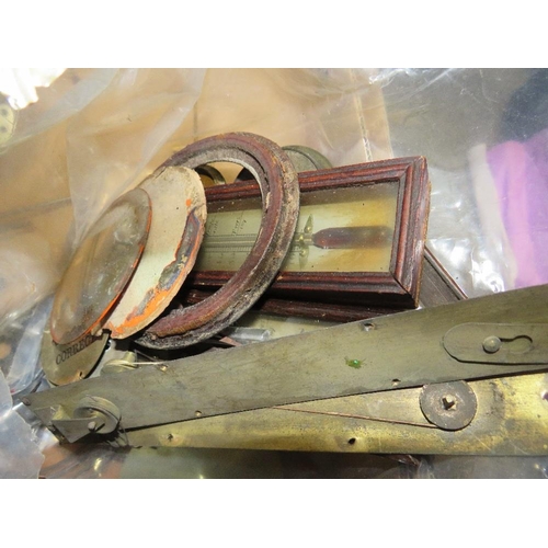 183 - Two trays of clocks, barometers and related spares etc plus scientific items