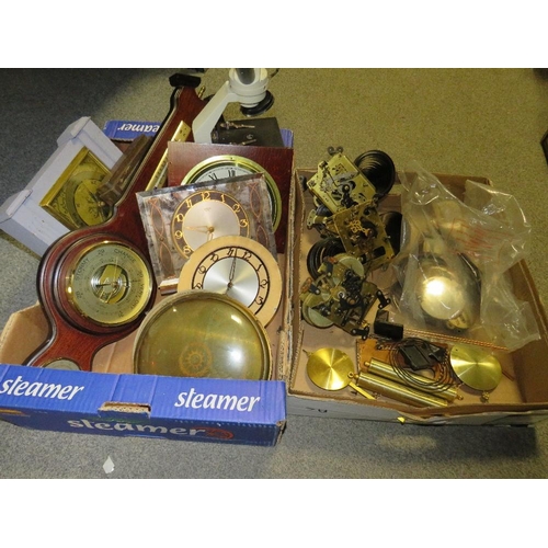 183 - Two trays of clocks, barometers and related spares etc plus scientific items