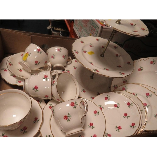 194 - Two trays of ceramics to include a three tier cake stand