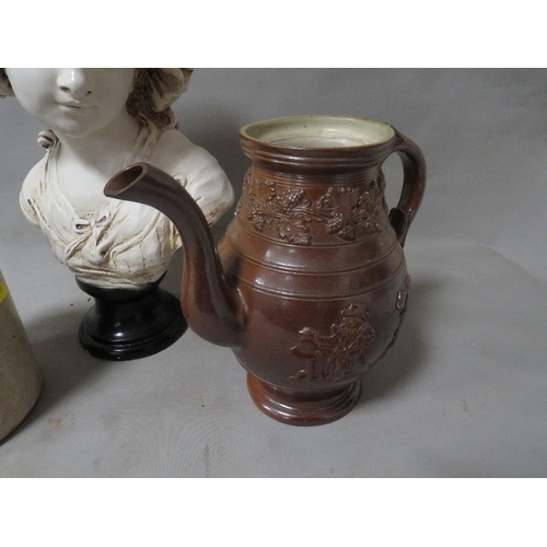 230 - A reproduction female bust, stoneware teapot - no lid plus a stoneware jar (3)