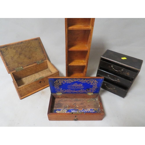 231 - A Japanese miniature painted chest of drawers, oak glove box, mahogany Winsor and Newton artists box... 