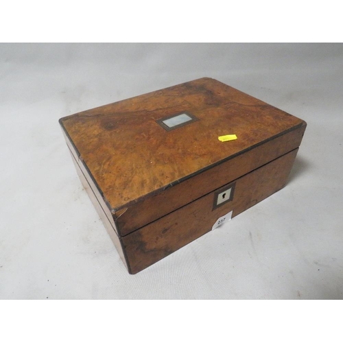 237 - A vintage box and contents to include a silver topped trinket