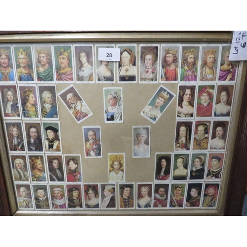 28 - A collection of framed pictures to include an early set of framed cigarette cards depicting members ... 