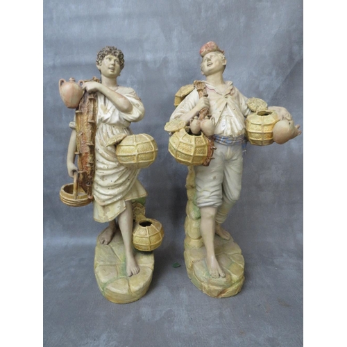 320 - A pair of large terracotta Continental hand painted figures, early 20th century, depicting fishermen... 