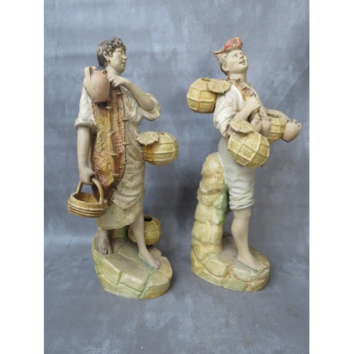 320 - A pair of large terracotta Continental hand painted figures, early 20th century, depicting fishermen... 