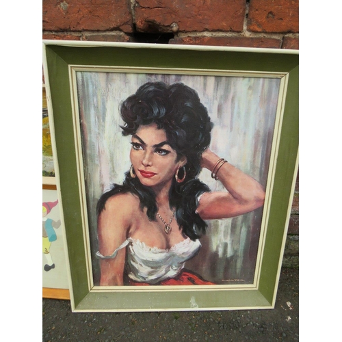 41 - A collection of vintage mid century / retro paintings, prints and mixed media pictures