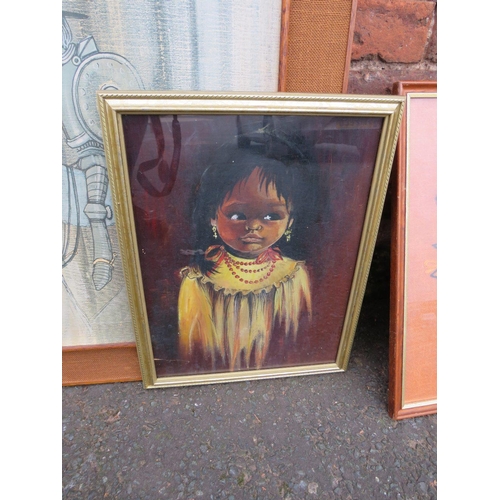 41 - A collection of vintage mid century / retro paintings, prints and mixed media pictures