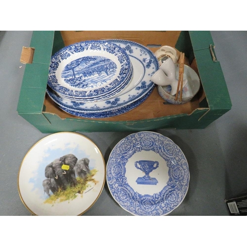 53 - Three Delfts Blauw hand painted equestrian themed chargers together with a tray of blue and white wa... 