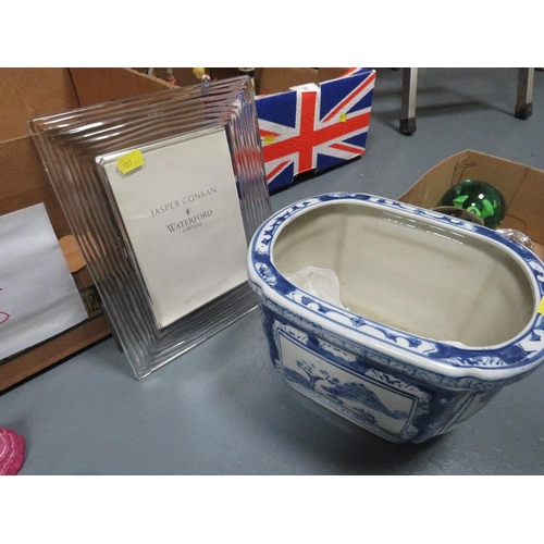 55 - A tray of collectables etc to include Waterford crystal photo frame by Jasper Conran, Coalport figur... 