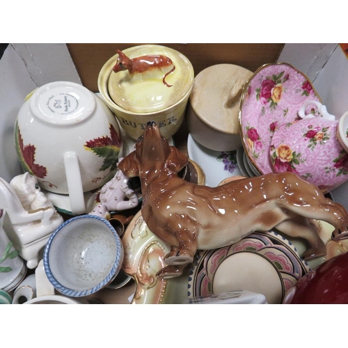 62 - Three trays of assorted ceramics to include  Portmeirion, Royal Albert etc