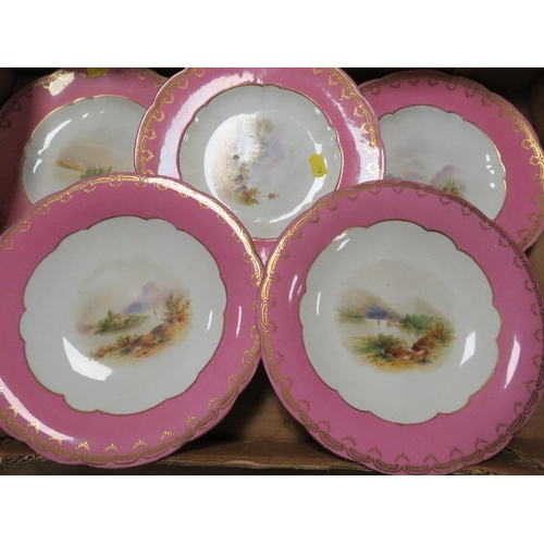 63 - A continental style dessert set comprising a collection of cabinet plates & comports - with hand pai... 