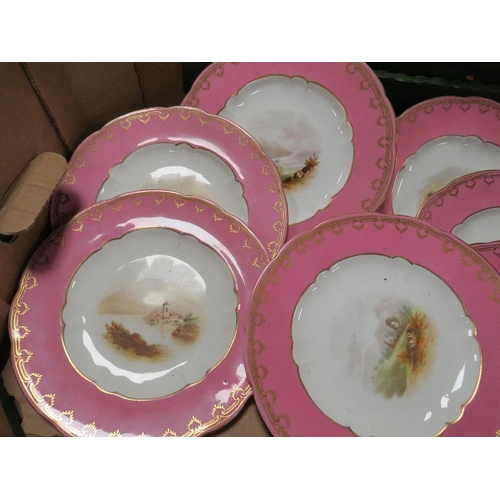 63 - A continental style dessert set comprising a collection of cabinet plates & comports - with hand pai... 