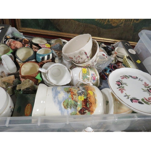 82 - Two trays of mixed ceramics to include table ware by Wedgwood, Spode and Doulton, together with vari... 