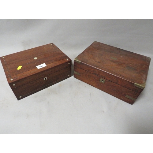 296 - An antique brass bound writing slope together with in inlaid wooden box (2)