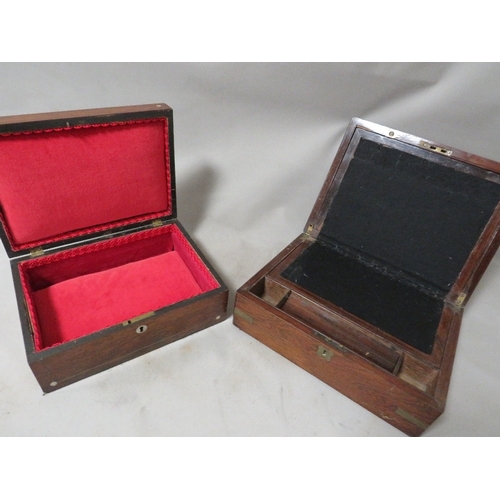 296 - An antique brass bound writing slope together with in inlaid wooden box (2)