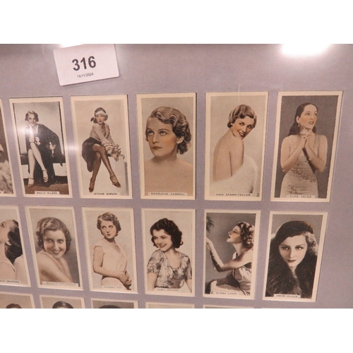 316 - A framed and double sided glazed cigarette cards 'Stage and screen beauties' by Godfrey Phillips