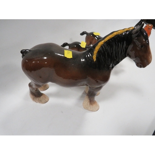 354 - Two Beswick foals - one tail reglued,  plus a donkey, a shire horse and a Goebel robin (5)