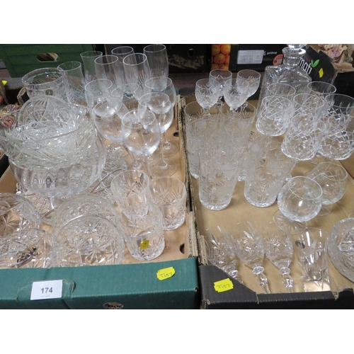 174 - Two trays of assorted cut glass etc to include drinking glasses, decanter etc