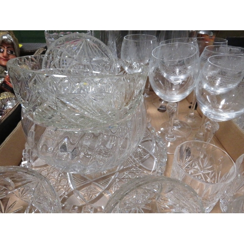 174 - Two trays of assorted cut glass etc to include drinking glasses, decanter etc