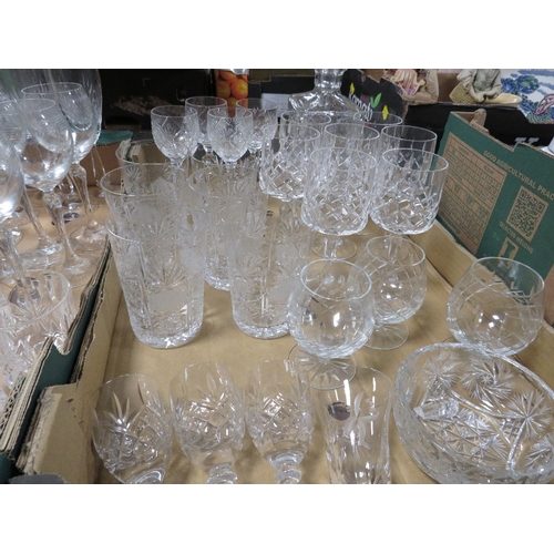 174 - Two trays of assorted cut glass etc to include drinking glasses, decanter etc