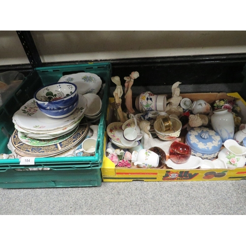 184 - Two trays of assorted ceramics to include Wedgwood blue jasperware and Poole pottery examples