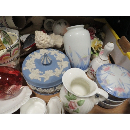 184 - Two trays of assorted ceramics to include Wedgwood blue jasperware and Poole pottery examples