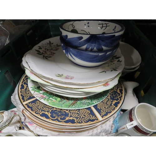 184 - Two trays of assorted ceramics to include Wedgwood blue jasperware and Poole pottery examples