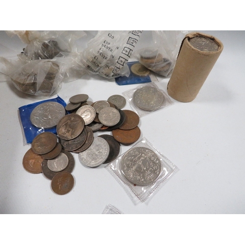 467 - A box of coins, including a mint roll of crowns