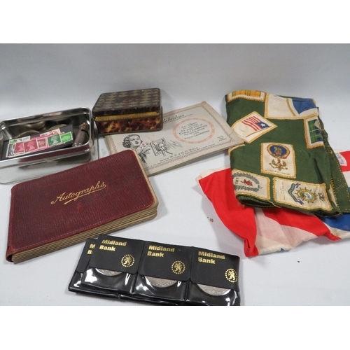 472 - A tray of collectables to include vintage whistles, coins, autograph book etc