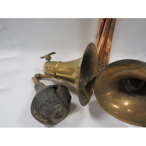 475 - A military bugle together with two vintage car horns A/F