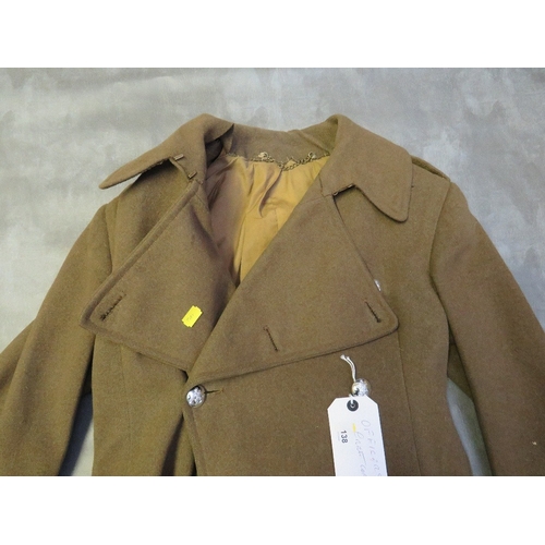 138 - A BRITISH ARMY OFFICERS GREAT COAT, with stay bright buttons