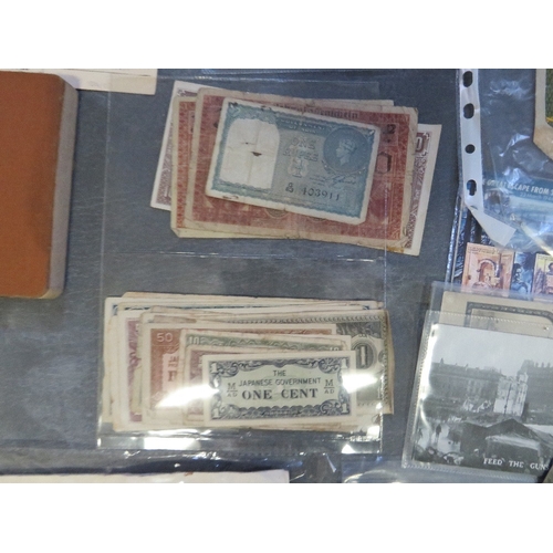 212 - A BOX OF MILITARY INTEREST POSTCASRDS, EPHEMERA AND BANKNOTES