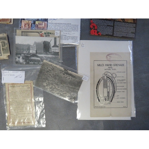 212 - A BOX OF MILITARY INTEREST POSTCASRDS, EPHEMERA AND BANKNOTES