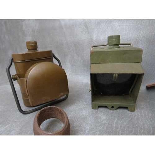 216 - A SMALL BOX OF MILITARY COLLECTABLES, to include cycle lamps, Swedish mag case, various pouches etc.