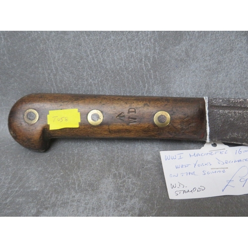 221 - A WWI MACHETE, marked for 16th West Yorks Regiment, with WD stamp