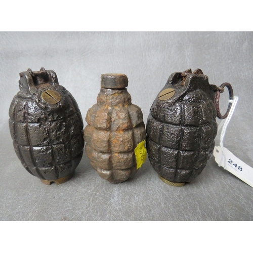 248 - TWO MILLS BOMB GRENADES, dated 1916 A/F, along with another grenade, all A/F, all inert (3)