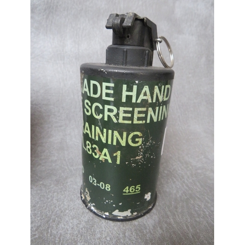 249 - A US OFFENSIVE GRENADE, dated 1974, in original box, along with a training smoke screen grenade, bot... 