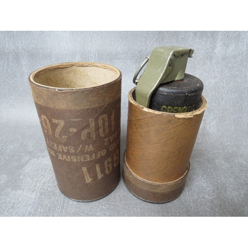 249 - A US OFFENSIVE GRENADE, dated 1974, in original box, along with a training smoke screen grenade, bot... 