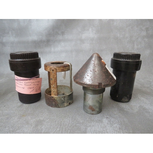 253 - A 1 TON BOMB FUSE (INERT), two German Luftwaffe bakelite bomb fuse cases and a German Krupp fuse gua... 