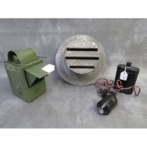 305 - A WWII RESCUE HELMET LAMP, a green painted lantern and a WW2 blackout headlight cover