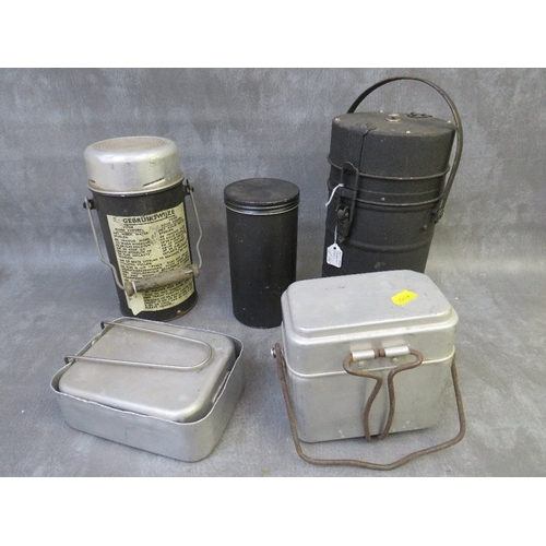 323 - A WW2 DUTCH / FRANCE BOMBER AIR CREW FLASK, a military thermos and three other cans / tins