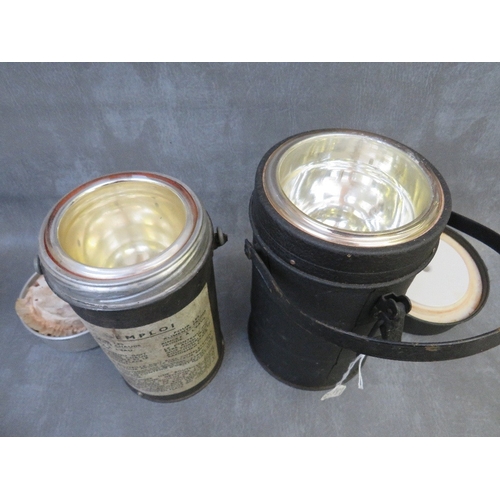 323 - A WW2 DUTCH / FRANCE BOMBER AIR CREW FLASK, a military thermos and three other cans / tins