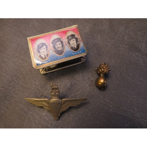 327 - A SMALL BOX OF MILITARY AND HOME FRONT COLLECTABLES, to include a copy Women's Land Army armband, va... 