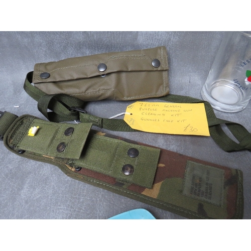 334 - A BOX OF MILITARY ONTEREST COLLECTABLES TO INCLUDE DRESS BAYONET FROGS, a 7.62 mm general purpose ma... 