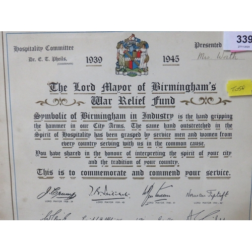 339 - A LORD MAYOR OF BIRMINGHAM 1939-1945 WAR RELIEF FUND SCROLL, and a Royal Humane Society certificate,... 