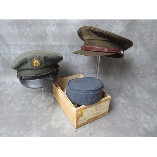 342 - A BOXED VINTAGE W.R.A.F CAP, along with two US army peaked caps (3)