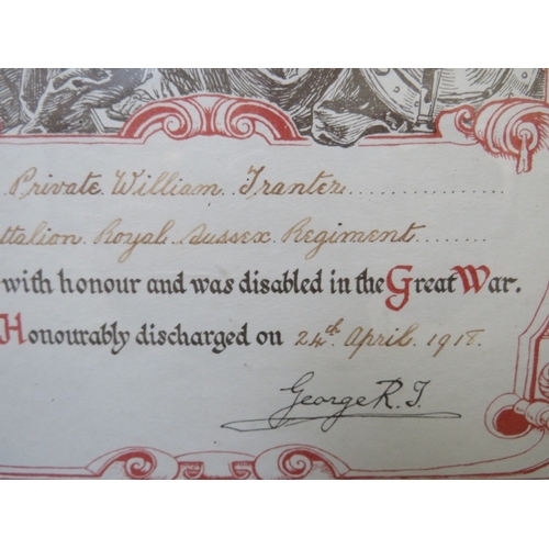 348 - WW1 HONOURABLY DISCHARGED CERTIFICATE, named to G8345 Private William Tranter, 3rd Battalion, Royal ... 